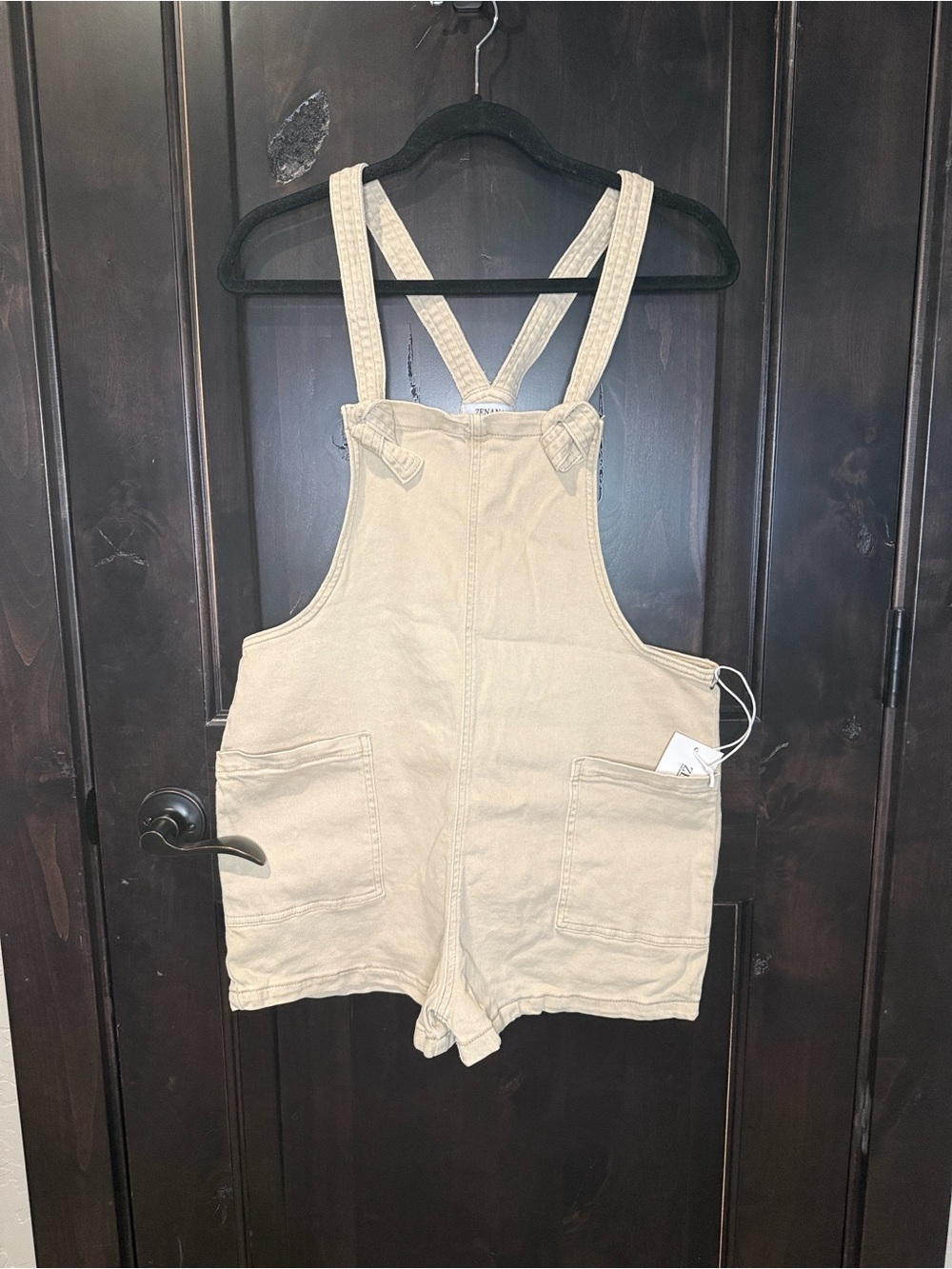 Tan Short Overalls Romper - Casual Pocket Front